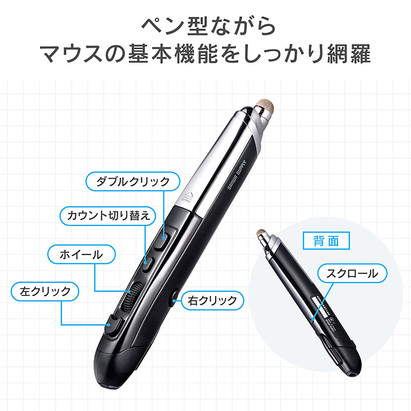 ペン型ながら、マウスの基本機能をしっかり網羅し、ペンを持ち替えずに主要ボタンに手が届く設計になっています。