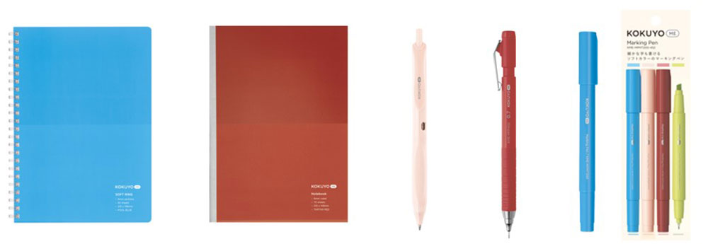 定番品5アイテム （左から）ソフトリングノート、ノートブック、ボールペン シャープペンシル、2ウェイマーキングペン