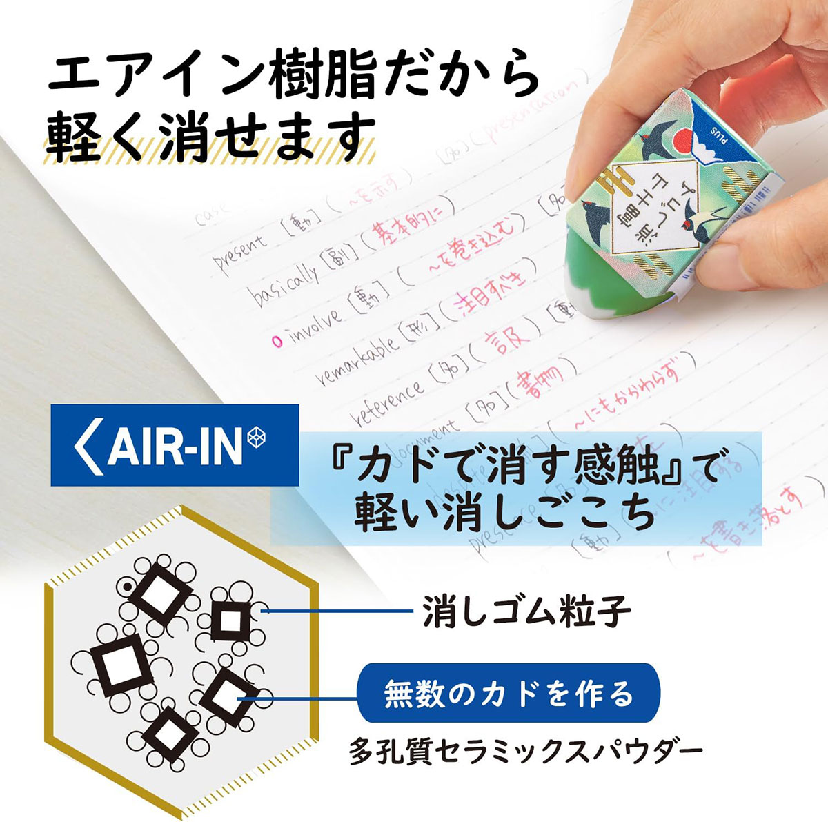 “いつもカドで消す感触”を実現した消しゴム樹脂