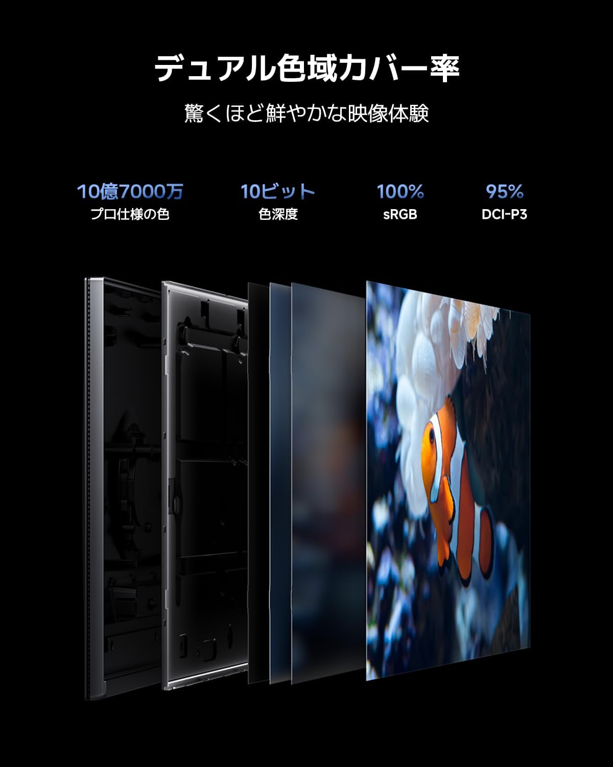 95% DCI-P3および100% sRGBの広色域