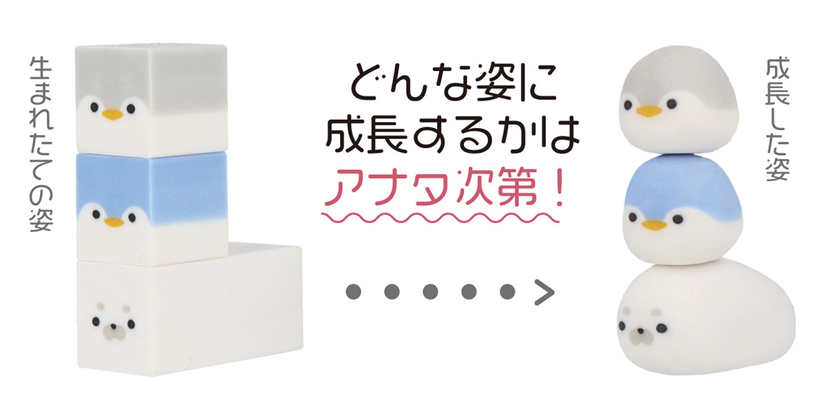 「育てる消しゴム」シリーズ「ウミゴム アザラシ」「ウミゴム ペンギン」
