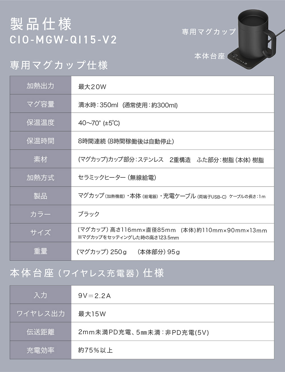 MugWarmerⅡ 製品仕様