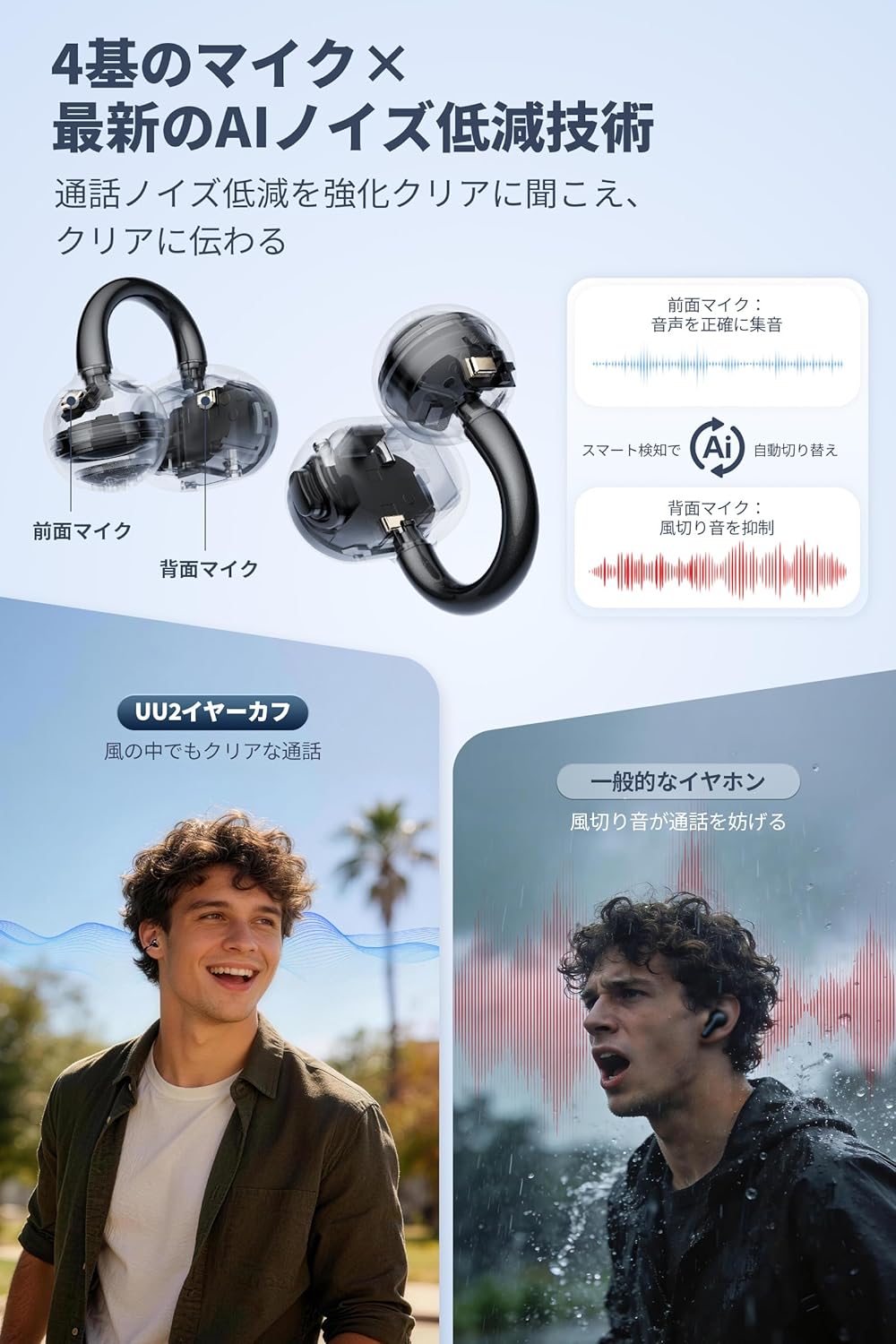 独自技術で風切音と通話時のノイズを低減