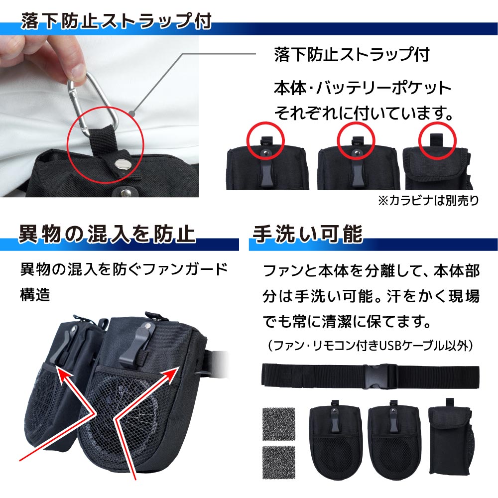 ファンを外して手洗い可能で、汗をかく現場でも常に清潔 落下防止ストラップや異物混入を防ぐファンガード構造を採用